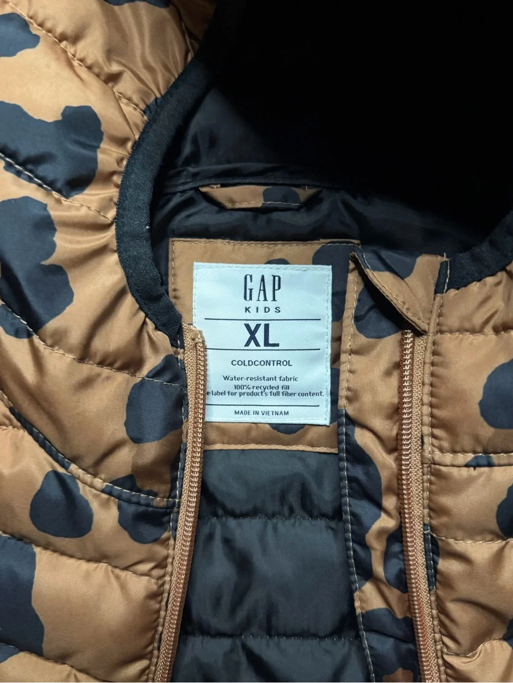 GAP Kids Tan and Black Leopard-Print Hooded Puffer Jacket